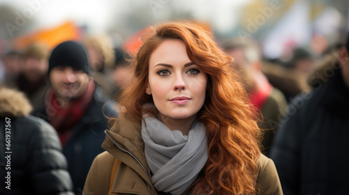 Close up portrait of female activist standing in a crowd of women during demonstration for women's rights