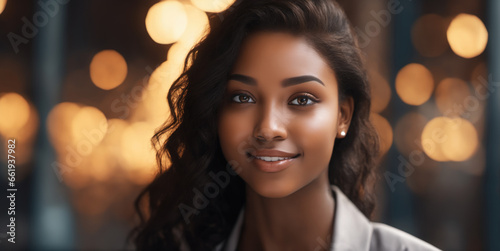 A joyful young woman, 20-25 years old, with a radiant smile, set against a golden bokeh cityscape. Perfect for illustrating the happiness of a diverse, urban female influencer.