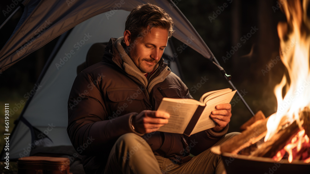 Man reading a book sitting by the fire Man reading a book sitting by the fire