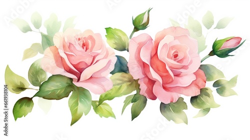 Rose Floral border frame drawn watercolor with copy space on white background.AI generated image