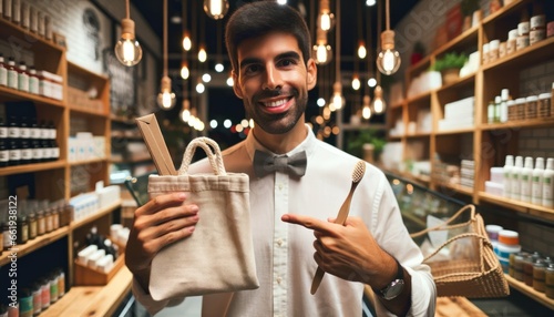 Photo capturing a business owner of Hispanic descent, male, in an indoor setting, proudly displaying products with reusable packaging.