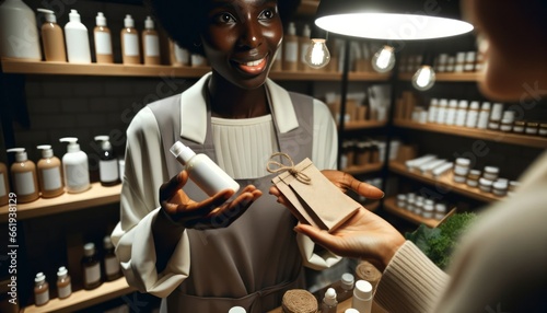 Close-up photo of a business owner of African descent, female, in her boutique, showcasing products that come in biodegradable wrappers. photo