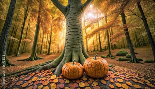 Captivating autumn scene with tall trees, vibrant fall foliage, and pumpkins at the base. Perfectly captures the essence of autumn. Generative AI. photo
