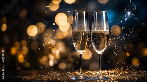 Glasses of champagne with fireworks on bokeh background. New Year celebration