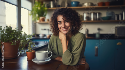 Beautiful woman smiling with a cup of coffee in the kitchen of her home
