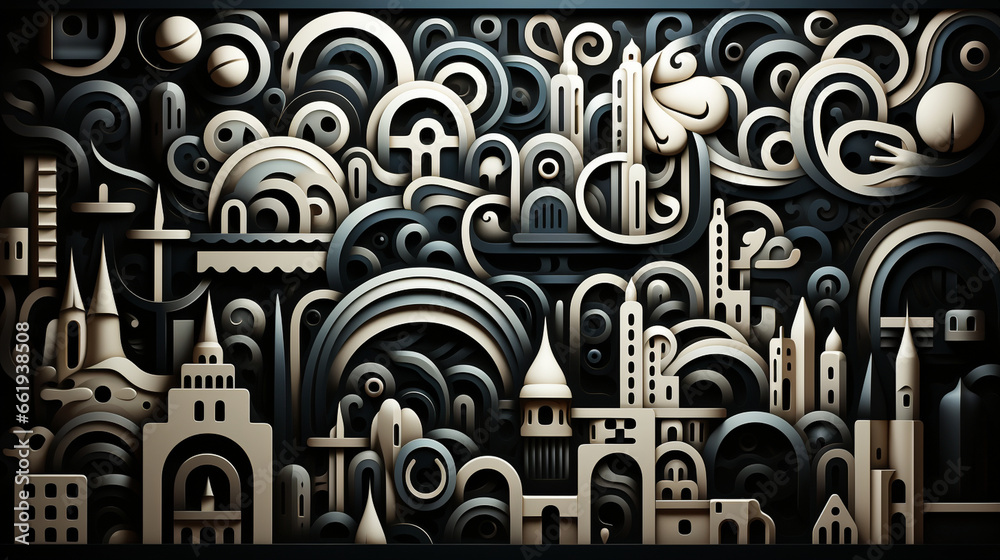 Abstract Geometric Patterns: A mesmerizing black and white abstract drawing with intricate geometric patterns. Abstract Geometric Patterns: A mesmerizing black and white abstract drawing with intricate geometric patterns.
