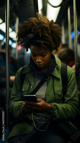 African american woman using phone in the metro