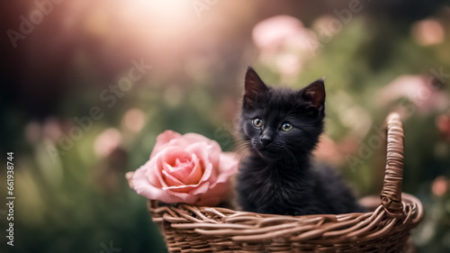 IL gattino nero con occhi chiari in una cesta con una rosa
