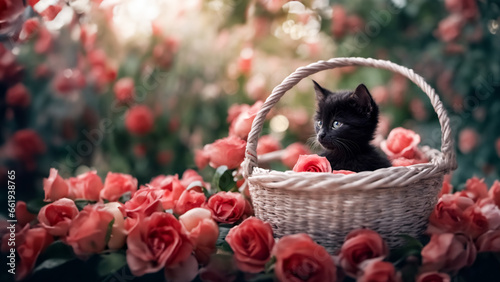 Il gattino nero con occhi chiari in una cesta con rose sullo sfondo II photo