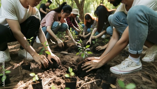 Close-up photo of a group of individuals of diverse descent, both male and female, actively planting trees in an area affected by deforestation. photo
