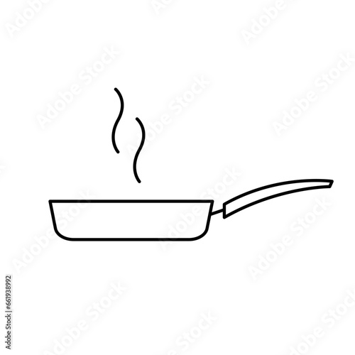 Frying pan icon. Cooking pan with steam in line style. Outline vector illustration.