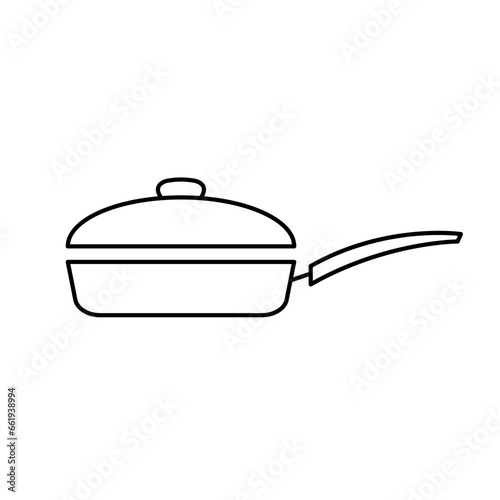 Frying pan icon. Roast food concept. Cooking pan with lid in linear style. Line vector illustration.