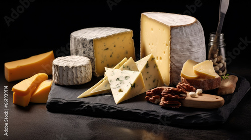 Cheese plate with different types of cheeses on a black background