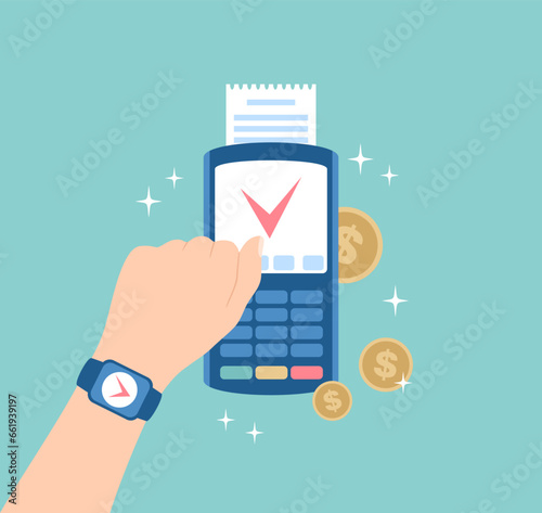 Contactless payment with smartwatch on POS terminal. Vector illustration in flat style