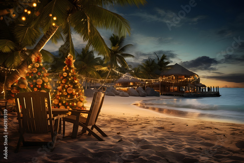Sandy tropical beach with Christmas lights at night, no people © Nestor
