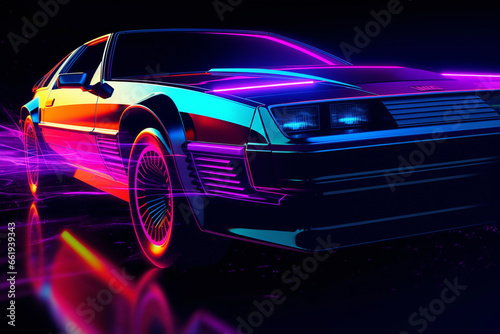 3D rendering of a brand-less generic concept car in neon light