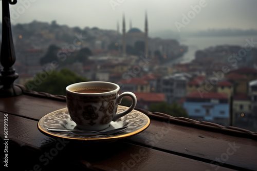 A cup of turkish coffee on a rainy day in Istanbul