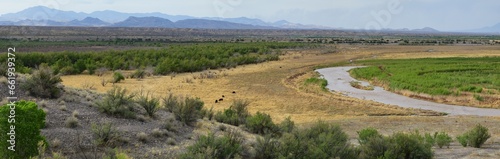 Panoramic view of the Rio Grande River at low levels near Elephant Butte State Park, Truth or Consequences, New Mexico, with Vick's Peak and the San Mateo Mountains to the northwest. photo