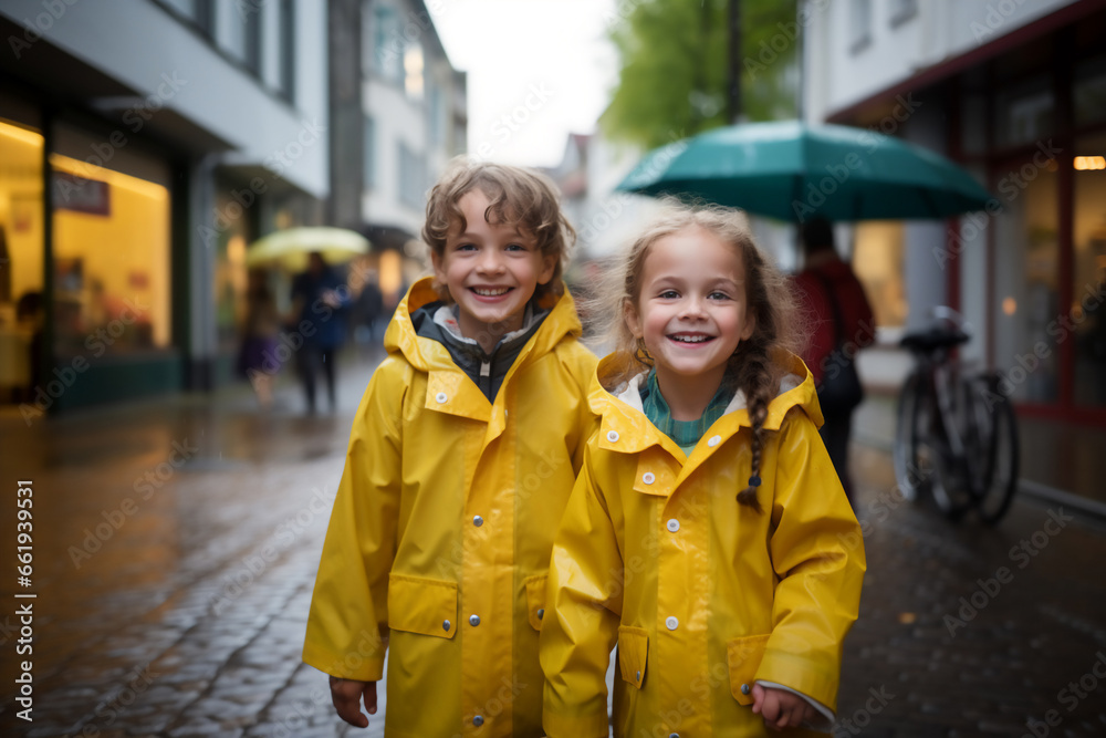 kids wear yellow rainning coat walk together after school in town .
