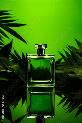 Green bottle of perfume sitting on table with leaves.