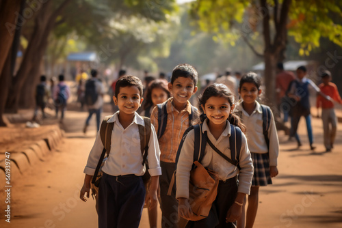 group of Indian kids in school uniform walking togeter to school .