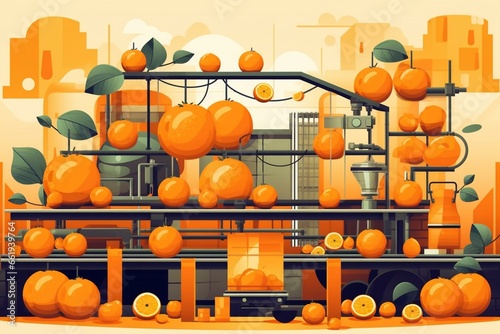 Juice production line with bottles and oranges for juice extraction. Generative AI