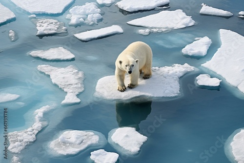 Aerial perspective of polar bear at the Arctic. Concerns climate change and global warming. Generative AI