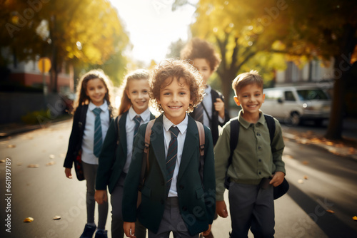 group of kids in school uniform walking togeter to school .
