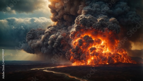 Volcanic eruption with lava and smoke, natural disasters