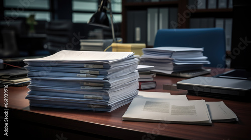 Stack of documents on the office desk.