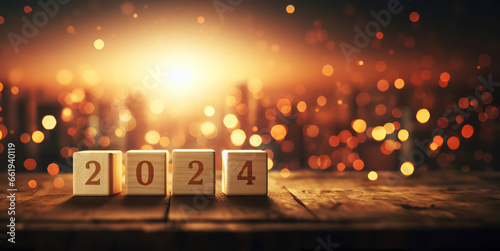 Wooden block cubes displaying the number 2024 with a bokeh light background,  for New Year's Eve. photo