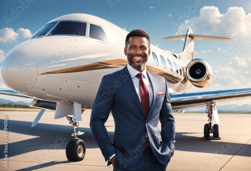Smiling confident caucasian businessman with private plane on background. Successful business concept