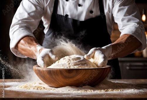 Strong man hands knead the dough make bread, pasta or pizza. Powdery flour flying in air. Chef hands with flour in freeze motion in cloud of flour midair