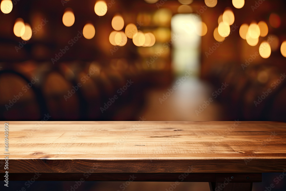 mpty wooden table. Blurred wine cellar in the background. Winery and beverage concept.