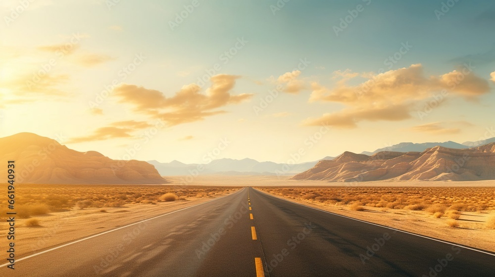 A highway in a western desert during hot day, created using Generative Ai technology.