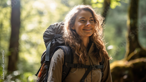 Woman wearing backpack standing in the forest , hiking alone