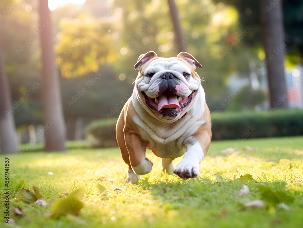 english bulldog run on green grass at public park, sunshine, fat dog are funny