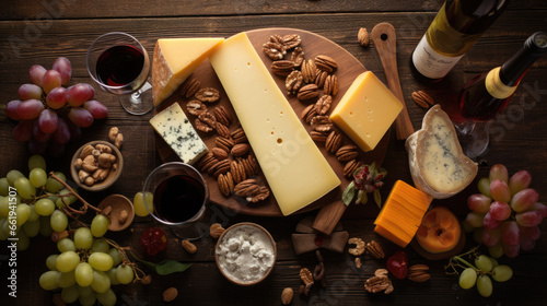 Cheese plate served with grapes, wine, and nuts on a wooden background