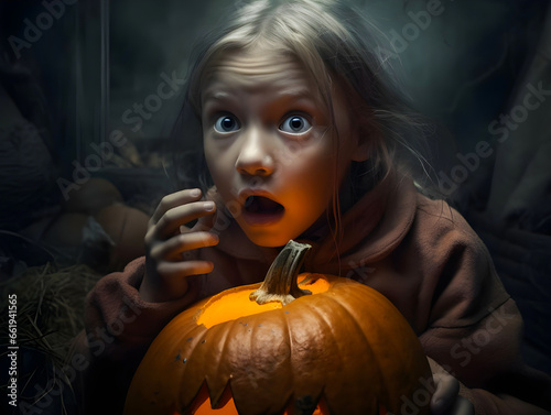 A girl looking scared, she is sitting and holding a pumpkin in hand, concept of halloween festival, jack o'lantern