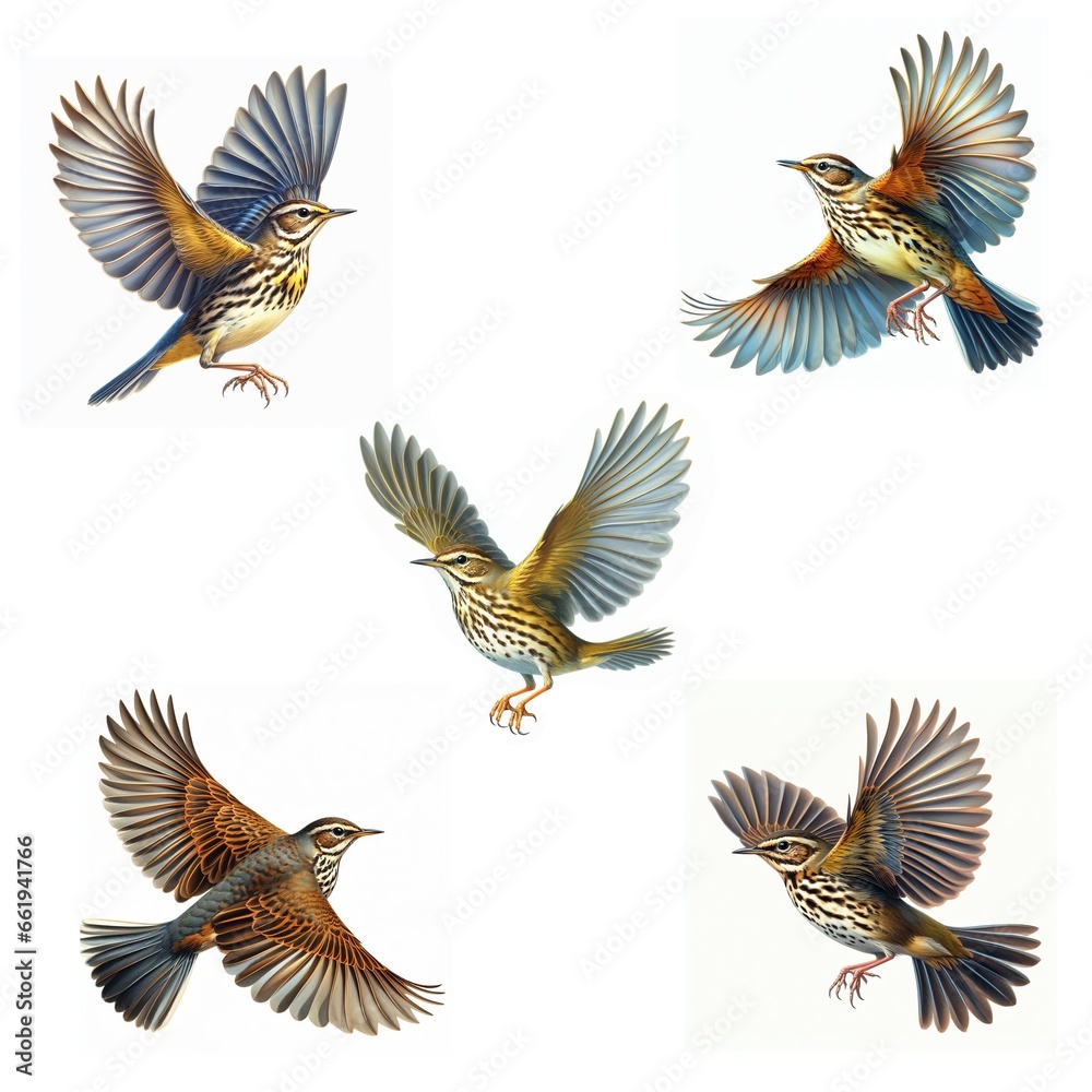 A set of Northern Waterthrush flying isolated on a white background A set of Northern Waterthrush flying isolated on a white background