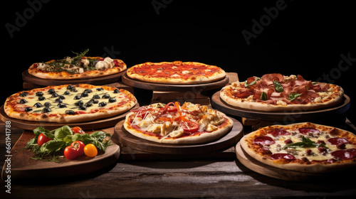 Set of Fresh Italian Pizzas on wooden table.