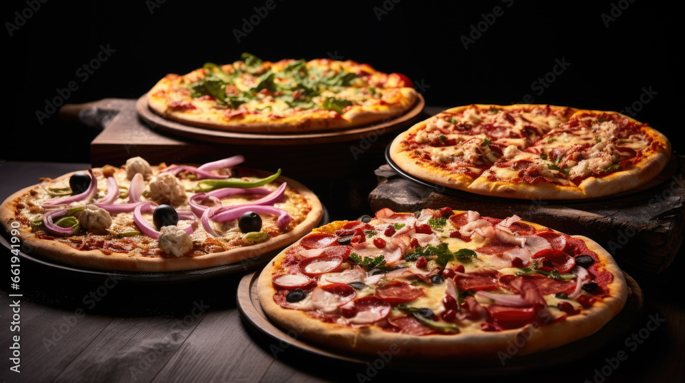 Set of Fresh Italian Pizzas on wooden table. Set of Fresh Italian Pizzas on wooden table.