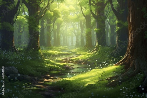 Enchanting sunlit forest with lush green trees on the floor. Serene landscape depicted in a digital illustration. Generative AI
