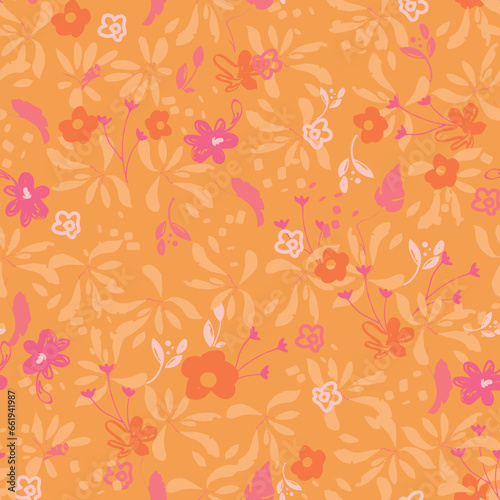 Abstract floral seamless pattern. Bright colors  gouache painting. Outline contour lines forming stylized blooming daisy flowers. Curved lines and brush strokes.