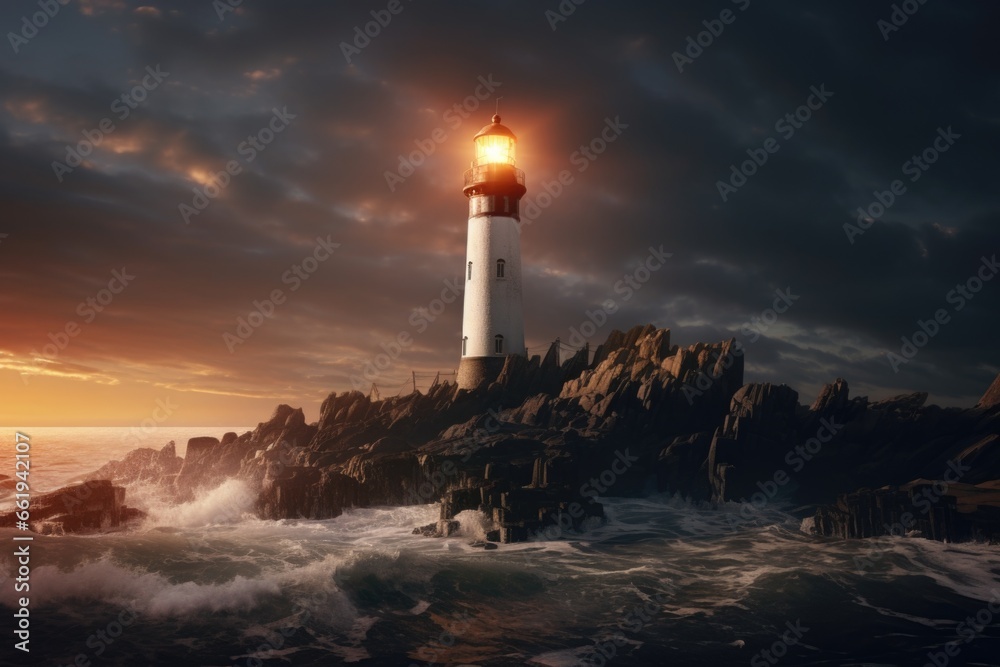 Lighthouse on Rocky Outcropping in the Ocean