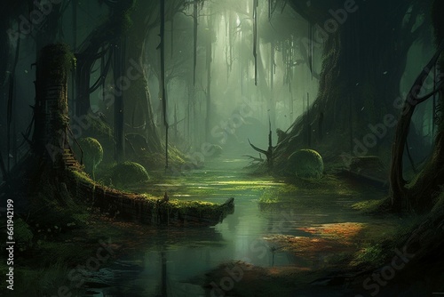 A mysterious swamp with enchanting anime-esque visuals and a Dungeons   Dragons inspired setting. Generative AI