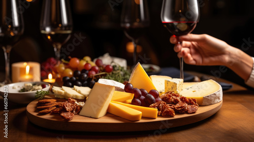 Person tastes an assortment of cheeses with wine at a restaurant