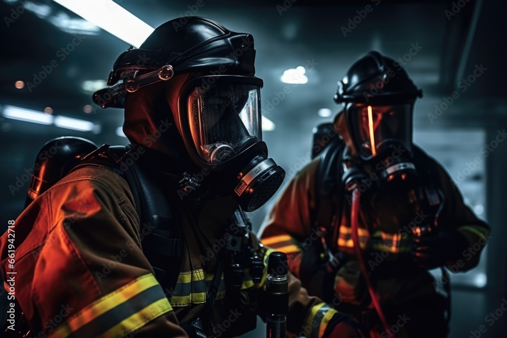 Firemen in Protective Gear in Dark Room