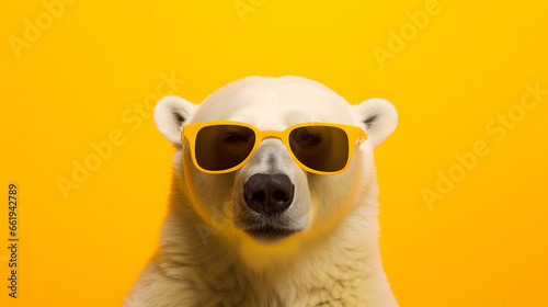 Cool polar bear with sunglasses against yellow background © Abzal
