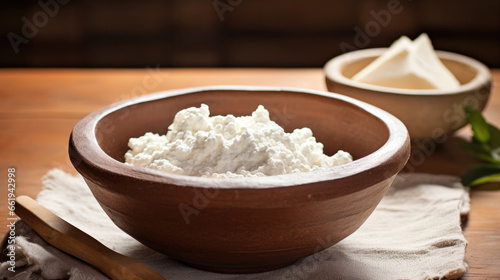 Farmer's cottage cheese in a traditional clay bowl on a dark wooden background.